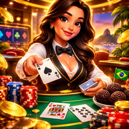 Mesa de blackjack ao vivo com cartas abertas e fichas empilhadas