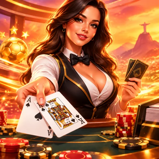 Mesa de blackjack ao vivo com cartas distribuídas e fichas